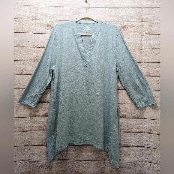 Chico’s Size 3 (US XL ) Split Neck Cotton Blend Tunic Top 3/4 Sleeve Blue Green - Picture 1 of 8